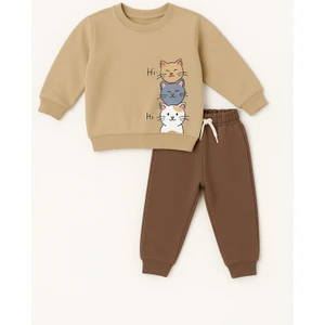 Çocuk Kedi Baskılı Eşofman Takımı Bej
