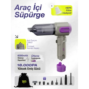 7go Ahv-14 2'si 1 Arada Kablosuz Araç Içi Süpürge Mor | 18000PA Güçlü Vakum + Üfleme | Cam Kırıcı & Kemer Kesici Acil Durum Özellikli