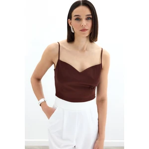 Ip Askılı Saten Crop Bluz - Kahve