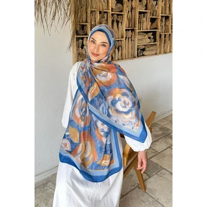 Çiçek Desen Pamuk Şal Mavi