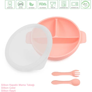 Jojobebek Silikon Beslenme Seti Vakumlu Silikon Mama Tabağı (Kapaklı), Silikon Çatal ve Kaşık / Pembe