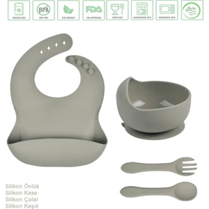 Çocuk Silikon Mama Önlüğü, Silikon Vakumlu Kase, Silikon Kaşık ve Çatal / Gri