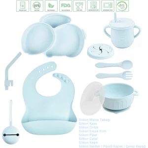 Tavşan Tasarımlı Vakumlu Silikon Beslenme Seti, -Buz Mavisi