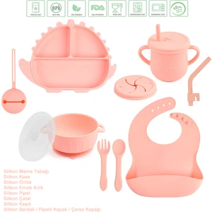 Dinazor Tasarımlı Vakumlu Silikon Beslenme Seti / Pembe Renk