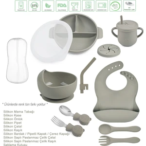 Silikon Beslenme Seti / Kapaklı Vakumlu Silikon Mama Tabağı, Kase, Önlük, Çatal, Kaşık, Pipetli Bardak ve Çerez Kapağı, Pipet, Paslanmaz Çelik Kaşık-Çatal ve Saklama Kutusu / Gri
