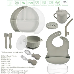 Silikon Beslenme Seti / Vakumlu Silikon Mama Tabağı, Kase, Önlük, Çatal, Kaşık, Pipet, Pipetli Bardak ve Çerez Kapağı, Paslanmaz Çelik Kaşık-Çatal ve Saklama Kutusu / Gri