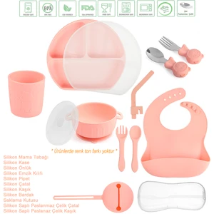 Silikon Beslenme Seti; Vakumlu, Kapaklı Mama Tabağı, Kapaklı Kase, Önlük, Bardak, Pipet, Çatal, Kaşık ve Emzik Kılıfı/ Pembe