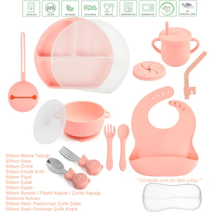 Kapaklı Vakumlu Silikon Beslenme Seti / Pembe Renk