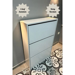 Beyaz Düşer Kapaklı Ayakkabılık Kayar Raflı Ayakkabılık 3 Bölmeli Ayakkabılık