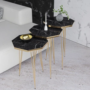 Alpa Ev Mobilya 3'lü Metal Tel Ayaklı Sekizgen Zigon Sehpa Takımı - Modern Salon ve Yan Sehpa Seti