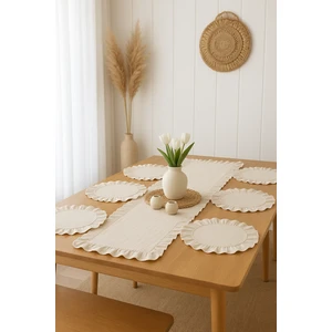 Doku | Fırfırlı 7 Parça Sofra Seti, 1 Adet Runner 40 x 110 Cm- 6 Adet Amerikan Servisi 40 cm
