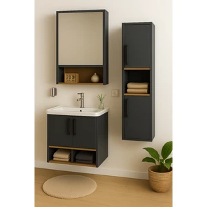 DMZ Home Concept Legna 65 cm Antrasit–Ahşap MDF Banyo Dolabı Seti (Alt, Üst & Boy Dolap) – Seramik Lavabo & Aynalı
