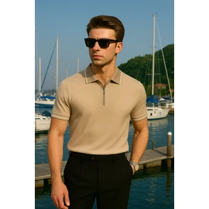 Bej Renk Fermuar Detaylı Polo Yaka Erkek Triko Tişört
