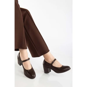 Kadın Hakiki Deri Bantlı Topuklu Ayakkabı - Kahve