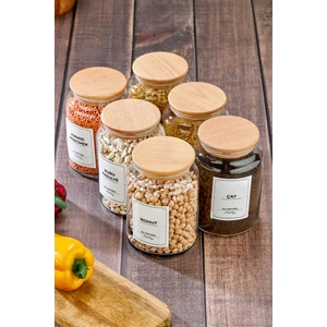 6'lı Ahşap  Kapaklı Vakumlu Cam Kavanoz Bakliyat Takımı 900 ml