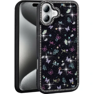 iPhone 16 Plus Uyumlu Kılıf Taşlı ve Simli Sevimli Çiçek Glitter Elmas Desenli Epoksi Telefon Kılıfı