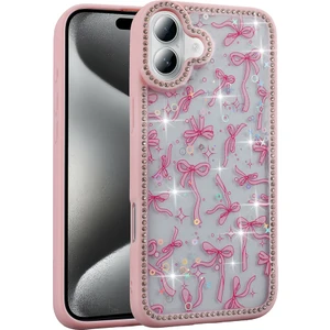 iPhone 16 Plus Uyumlu Kılıf Taşlı ve Simli Sevimli Çiçek Glitter Elmas Desenli Epoksi Telefon Kılıfı