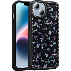 iPhone 13 Uyumlu Kılıf Taşlı ve Simli Sevimli Çiçek Glitter Elmas Desenli Epoksi Telefon Kılıfı