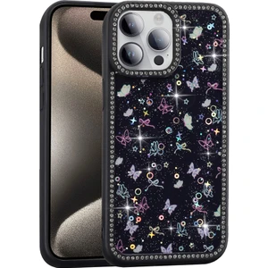 iPhone 14 Pro Uyumlu Kılıf Taşlı ve Simli Sevimli Çiçek Glitter Elmas Desenli Epoksi Telefon Kılıfı