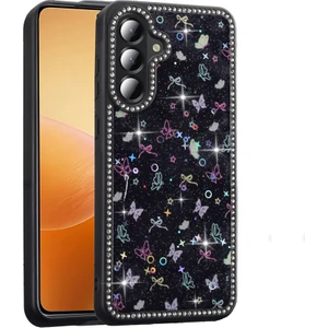 Samsung Galaxy S24 Fe Uyumlu Kılıf Taşlı ve Simli Sevimli Çiçek Glitter Elmas Desenli Epoksi Telefon Kılıfı