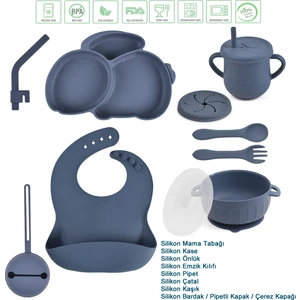 Tavşan Figürlü Vakumlu Silikon Beslenme Seti / Lacivert