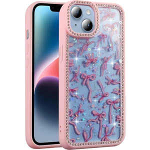 iPhone 14 Uyumlu Kılıf Taşlı ve Simli Sevimli Çiçek Glitter Elmas Desenli Epoksi Telefon Kılıfı