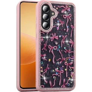 Samsung Galaxy A16 Uyumlu Kılıf Taşlı ve Simli Sevimli Çiçek Glitter Elmas Desenli Epoksi Telefon Kılıfı