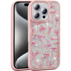 iPhone 15 Pro Uyumlu Kılıf Taşlı ve Simli Sevimli Çiçek Glitter Elmas Desenli Epoksi Telefon Kılıfı