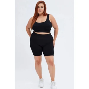 Curve Kadın Büyük Beden Fitilli Yüksek Bel Toparlayıcı Örme Biker Şort Kısa Siyah Tayt