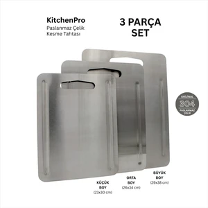 Metal Hayaller KitchenPro Paslanmaz Çelik Kesme Tahtası 3 Parça Set (Büyük Boy - 29x38 cm / Orta Boy - 26x34 cm / Küçük Boy - 23x30 Cm)