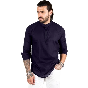 Yarım Düğmeli Hakim Yaka Flamlı Keten Gömlek 2201914