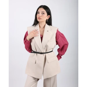 Bej Vatkalı Kemerli Oversize Yelek