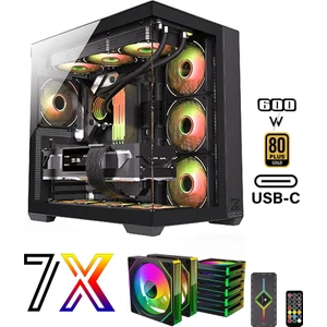 Mirage X7 Tuş ve Kumanda Kontrolcülü 7x120 mm Gerçek ARGB Fanlı 600W 80Plus PSU Gaming Boş Akvaryum Bilgisayar Kasası
