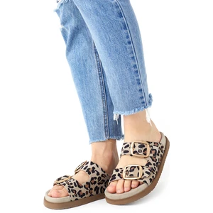 Vandia Kadın Hakiki Deri Çift Toklı Bej Leopar Terlik Deri Kaplamalı Pedli Rahat Taban