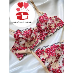 HEDİYELİ+ Bej Nude Ten Rengi Çiçek Desenli Balenli Brode Sütyen & Tanga String Iç Çamaşır Takım