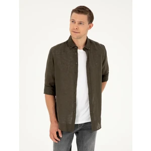 Erkek Koyu Haki Regular Fit %100 Keten Gömlek 50284823-VR111