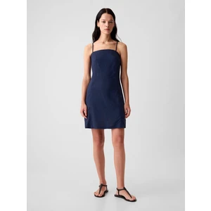 Kadın Koyu Mavi Keten Karışımlı Midi Elbise