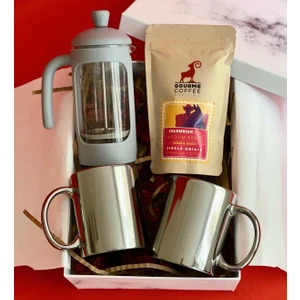 Çift Gümüş Kupa French Press  Filitre Kahve Sevgiliye  Seti