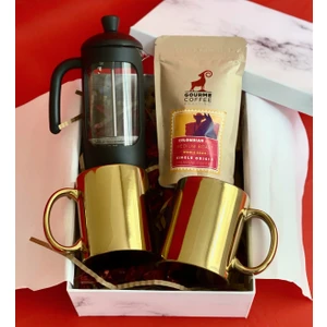 Çift Gold Kupa French Press  Filitre Kahve Sevgiliye  Seti