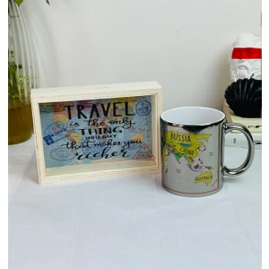 Travel Journal Tasarımlı Ahşap Kumbara ve Dünya Haritası Gümüş Kupa Set