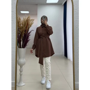 Selen Damarlı Kumaş Bağlamalı GÖMLEK-Çİ425 Kahve- Kadın Gömlek-Tam Yazlık -Rahat Kumaş-Sade Model-Tesettür Gömlek-Salaş Model