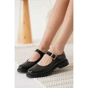 Clarissa Premium Siyah Rugan Tokalı Kadın Babet Ayakkabı