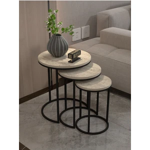 BERRİN ALPASLAN Zigon Sehpa Modern Tasarım Ekru Metal Ayaklı 3 Adet İç İçe Kullanım