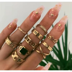 Reverie Gold Altın Renkli Siyah Taşlı Vintage  Bohem 12 Parça 12'li Yüzük Seti