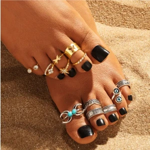 Morva 12 Adet Turkuaz Taşlı Vintage Çoklu Ayarlanabilir Gold Silver Ayak Parmak Yüzük Seti