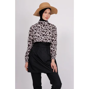 Niva Leopar Desenli Tesettür Mayo Takımı (Üst Pantolon Çanta) – 3’lü Paraşüt Pantolonlu Set