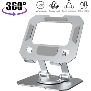 Masa Üstü Metal Tablet ve Telefon Tutucu 360 Derece Dönebilen Gümüş Stand