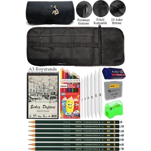 A3 Telli Eskiz Defteri Spiralli Rulo Kalemlik Siyah 24 Bölmeli 12 Renk Kuruboya Dereceli Kalem Hamur Silgi Resim Sanat