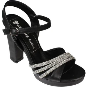 Yazkış Kadın Siyah Gümüş Rugan 3bantlı Taşlı 10CM Kalın Topuk 2cm Platform Topuk Abiye Ayakkabı