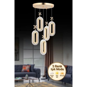 Alfa LED 5'li Gold  3 Renk Ledli Kristal Taşlı Modern LED Avize